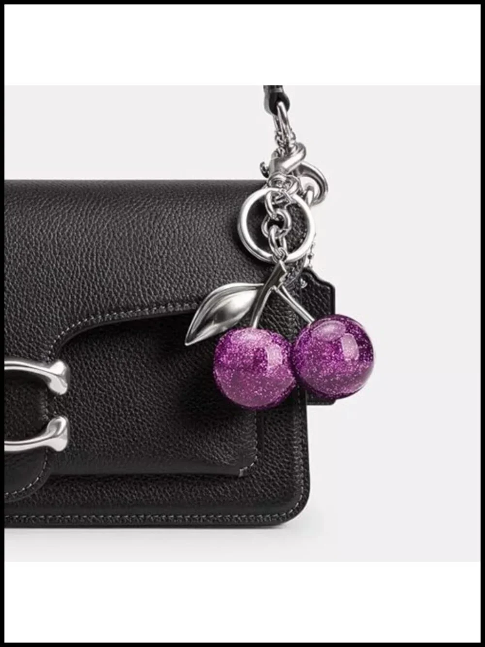 Red Cherry Keychain Bag Charm, Sparkling Glitter Resin with Gold Tone Hardware,